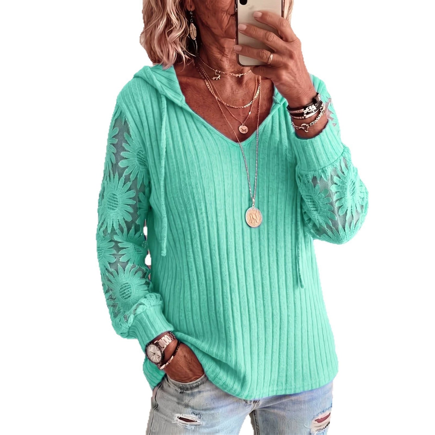 Women V Neck Hooded Sweatshirt Ribbed Knit Floral Lace Splicing Long Sleeve Drawstring Casual Pullover Tops