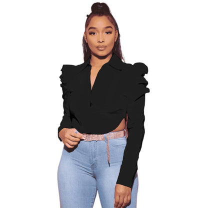 Womens Fashion Cropped Lapel-collar Long-sleeve Slit Blouse