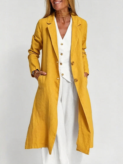 Long-sleeve Buttoned Cotton-linen Trench Coat With A Suit Collar
