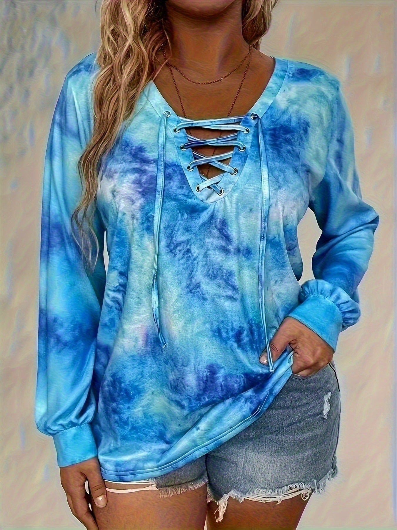 Women's Tie-dye Long Sleeve V-neck Loose-fitting Casual T-shirt