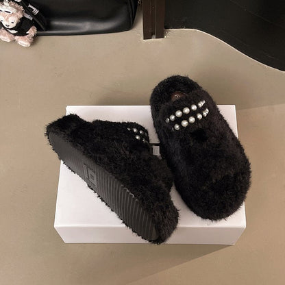 Women's Platform Height-Increasing Furry Single Strap Slippers, 2026 New Autumn Winter Pearl Magic Tape Warm Slides For Petite Women, Wearable Outdoors