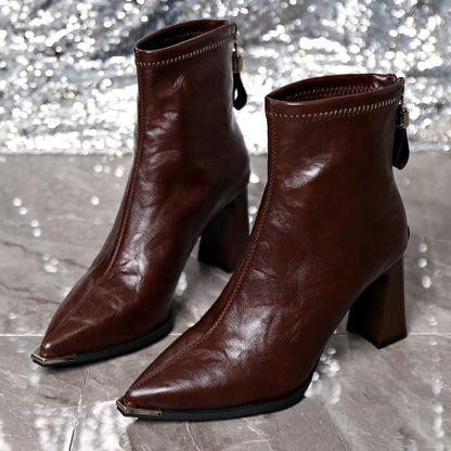 French Style Block Heel Spring Autumn Winter New Ankle Boots Slimming Match Skirt Warm Pointed Toe High Heel Boots Fashion Elegant Fashion Boots