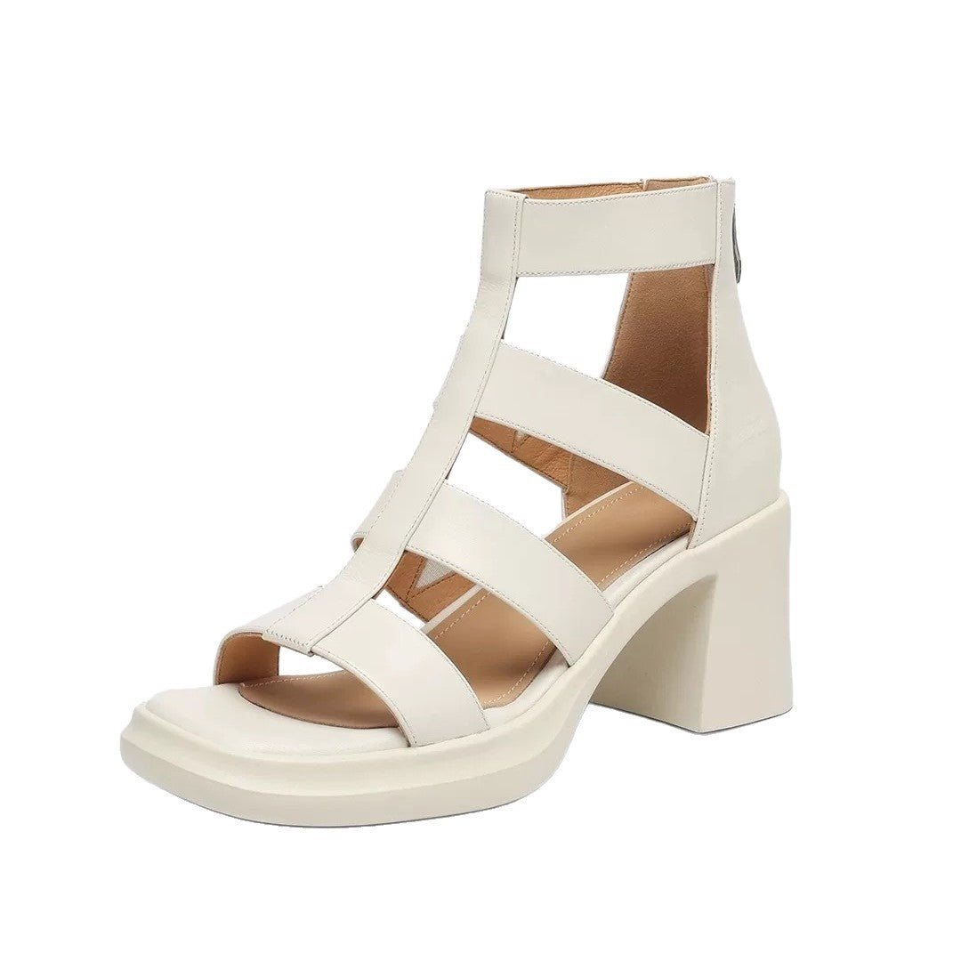 Summer Women's Soft Leather Open-toe Platform Chunky-heel Sandals