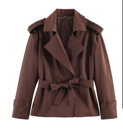 New Za Aliexpress Hot-Selling Cross-Border European And American Style Women's Solid Color Belted Short Jacket Trench Coat