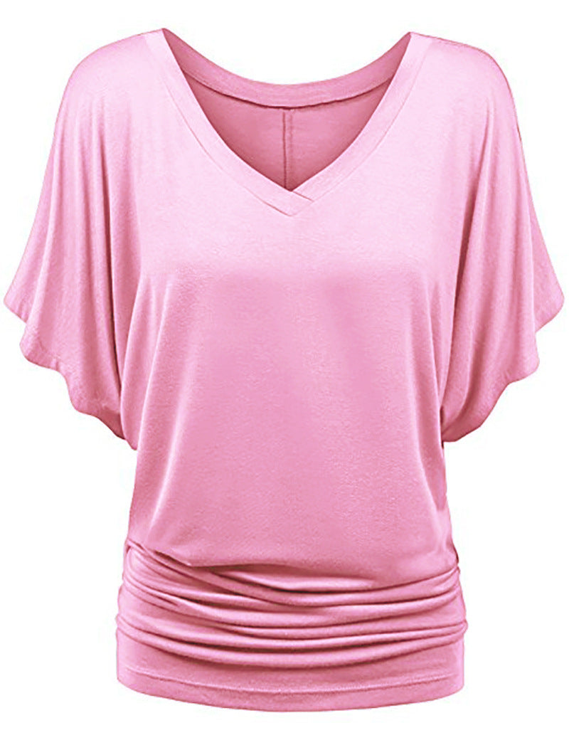 Plus-size Loose-fit Batwing-sleeve V-neck Short-sleeve T-shirt Top