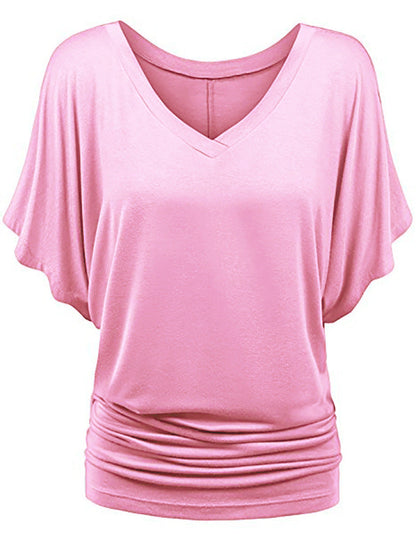 Plus-size Loose-fit Batwing-sleeve V-neck Short-sleeve T-shirt Top