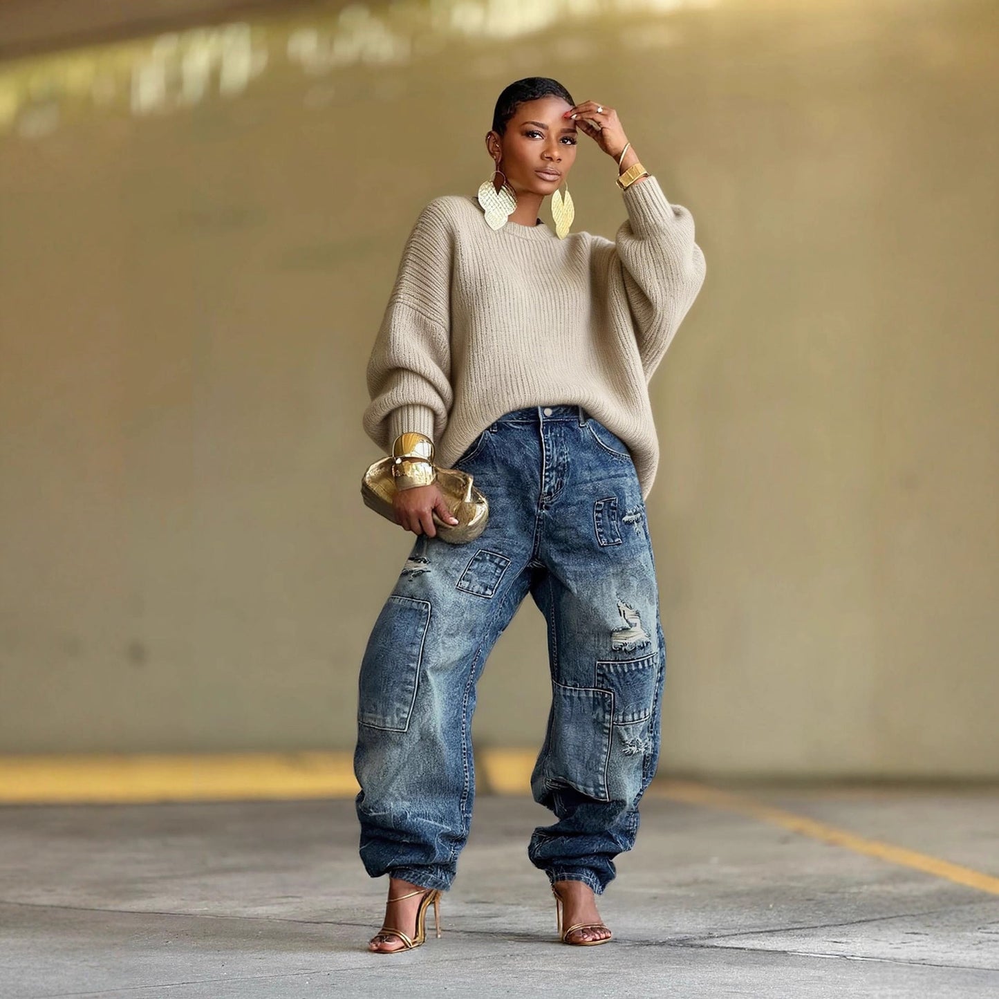New-style Distressed Patchwork Washed Denim Jeans