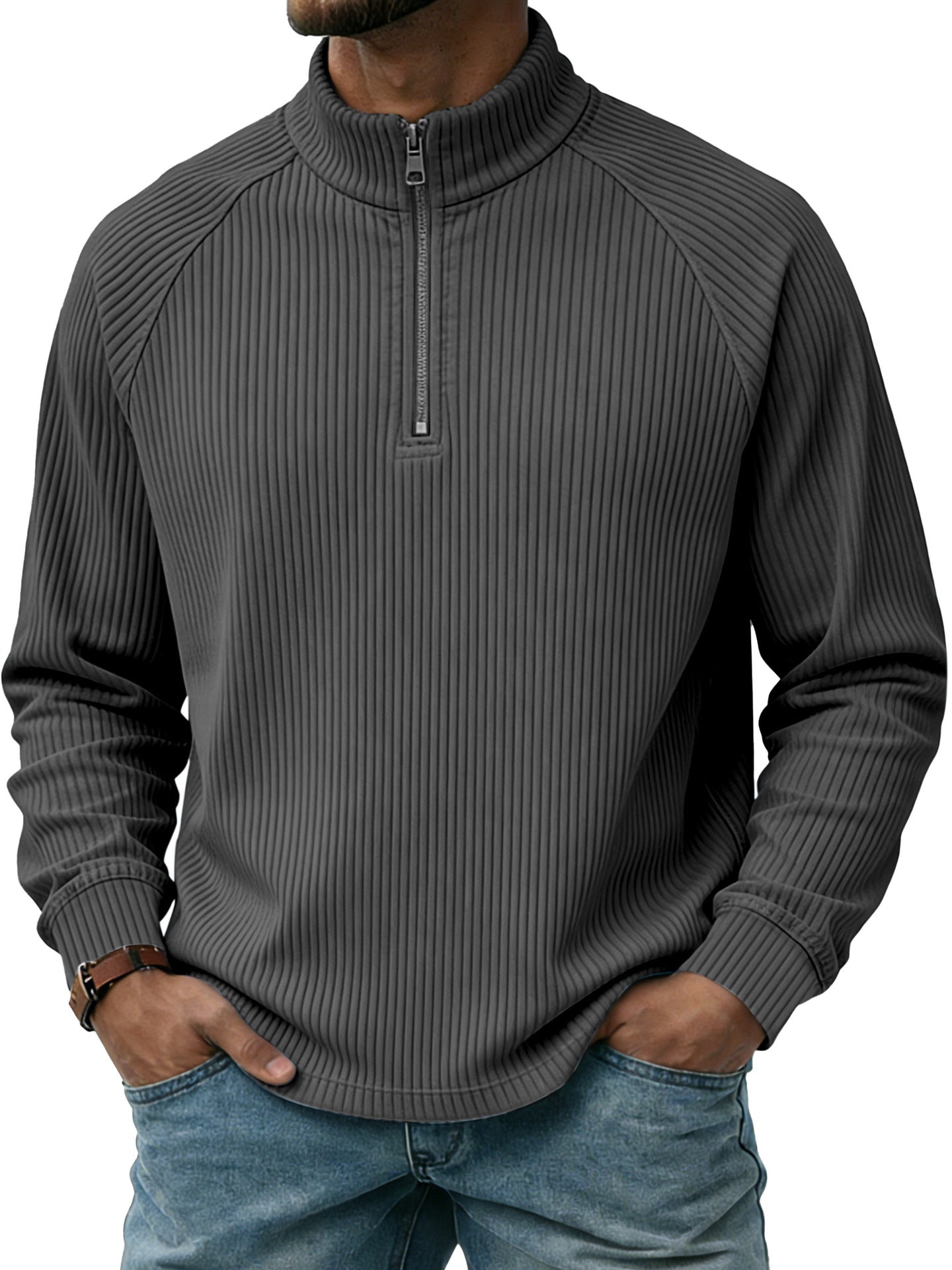 Mens Vertical-Striped Zip-Up Stand-Collar Long-Sleeve Polo Shirt