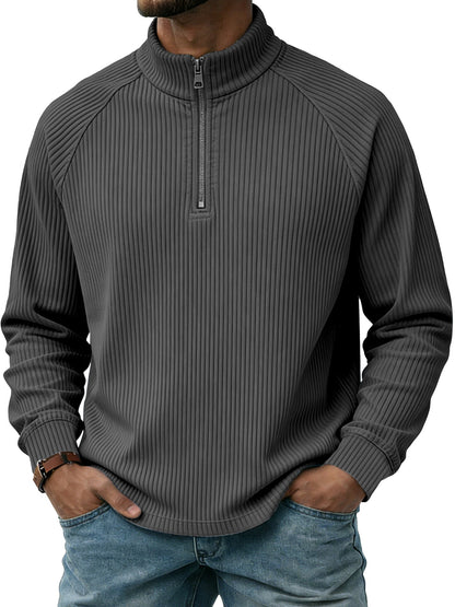 Mens Vertical-Striped Zip-Up Stand-Collar Long-Sleeve Polo Shirt