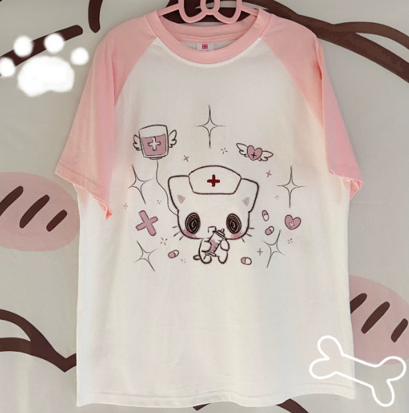 2D Kawaii Otaku-style Pure Cotton Patchwork Short-sleeve Top