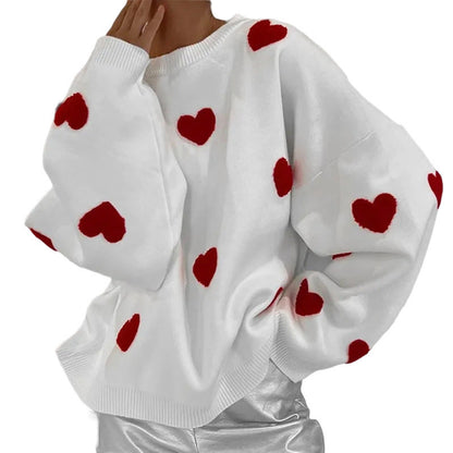 2024 European And American Pullover Love Sweater Crewneck Long Sleeve Loose Knitted All-match Sweater Casual Thickened Top