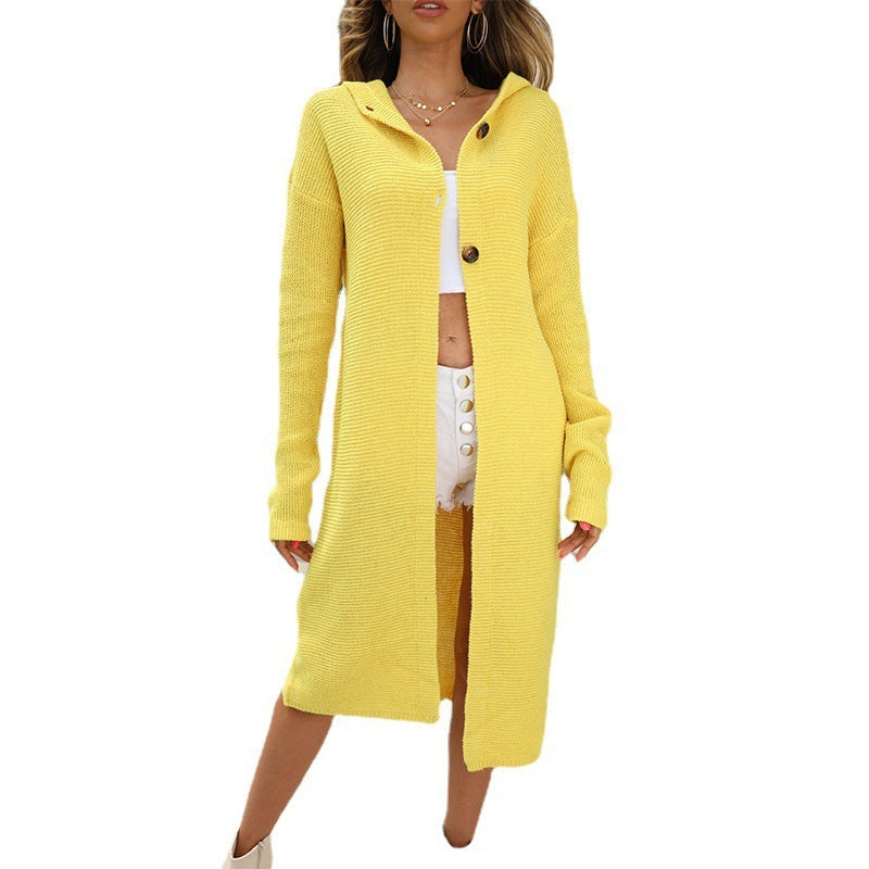 Women's Hooded Long Sleeve Solid Color Knitted Cardigan