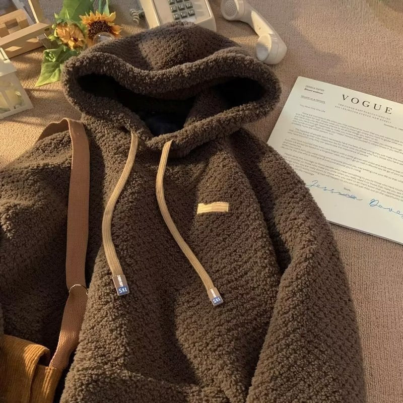 Winter Fleece-lined Extra-thick Lambswool Hooded Sweatshirt