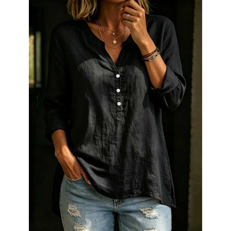 Womens Solid-Color Casual Loose-Fit Button-Up Shirt