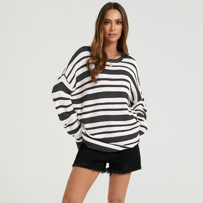 Womens Casual Loose-fitting Top Patchwork Stripes