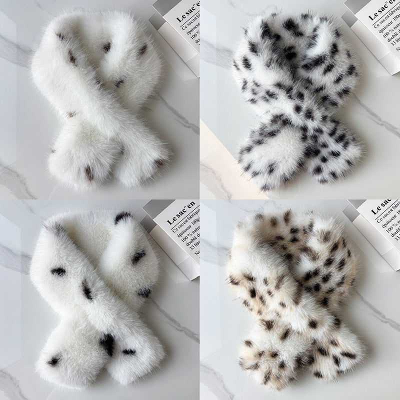 Natural Spotted Leopard Print Plush Cross Neck Scarf With A Korean-style Gentle Style For Autumn And Winter Daily Outings