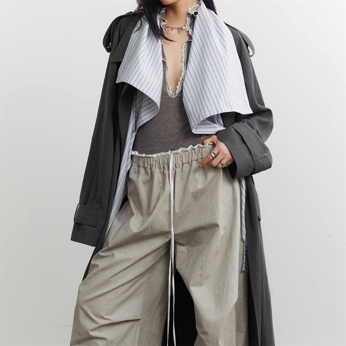 Long Trench Coat With Detachable Collar And Contrasting Color