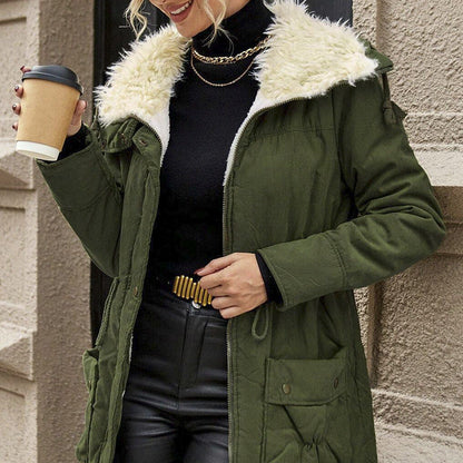 Womens Casual Hooded Long-sleeve Mid-length Cotton Coat