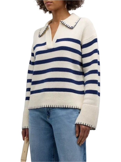 2024 Autumn And Winter Cross-border Amazon Loose Stripe Contrast POLO Collar Pullover Sweater New Inter-color Knitted Sweater For Women