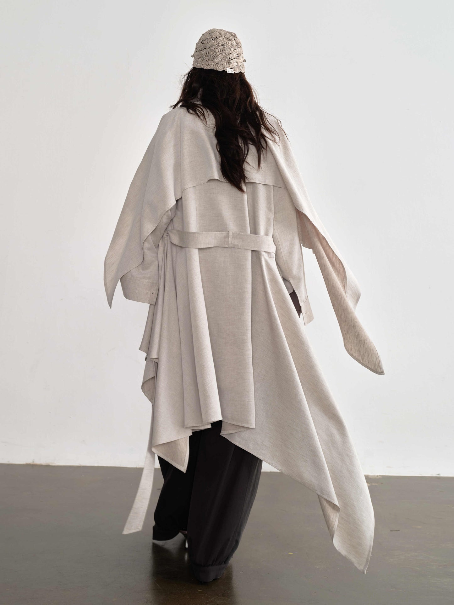 Gypsum White Linen Blended Irregular Skirt Trench Coat