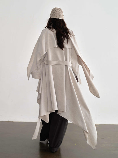Gypsum White Linen Blended Irregular Skirt Trench Coat