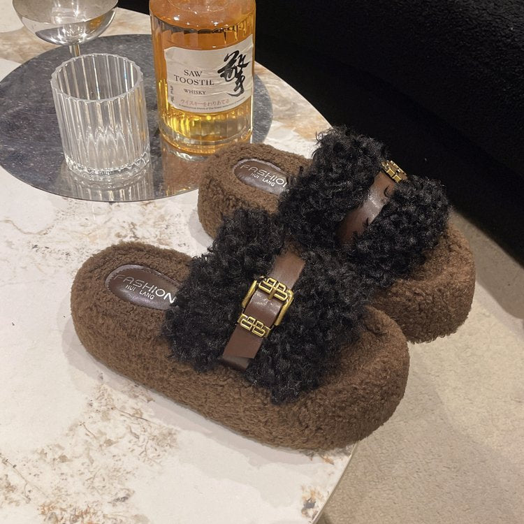 Women's Curly Fur Platform Furry Slippers, 2025 Autumn Winter New Arrival, Outdoor Korean Style Soft Sole Single Strap Cotton Slides