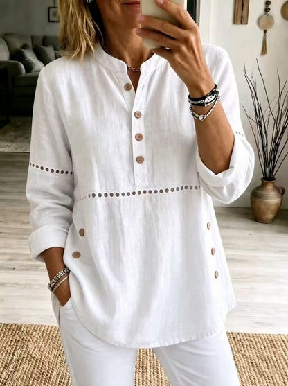 New Autumn And Winter Women's Clothing  Stand-up Collar Half-open Front Long-sleeved Top With Side Button Closure Loose Fit Casual Solid Color
