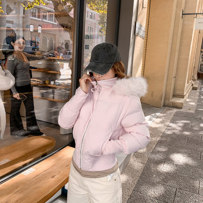 Womens Stylish Waist-cinching Figure-flattering Cropped Coat With A Large Fur-lined Hood