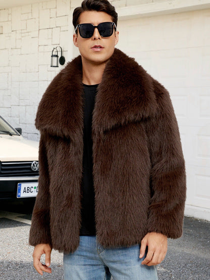 Mens Short Lapel-style Faux Fur Jacket Warm Outerwear