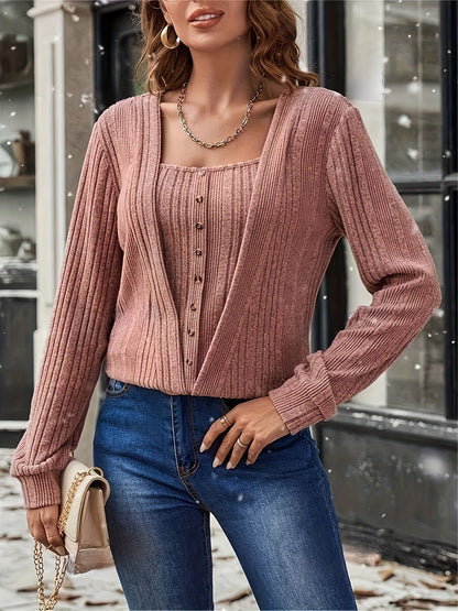 Women's Clothing Spring And Autumn New T-Shirt Casual Fashion Button Loose Long-Sleeved Solid Color Knitwear