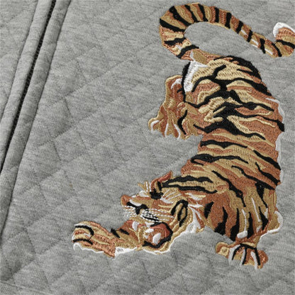 Tiger-Embroidered Rhombic-Check Thickened Hoodie