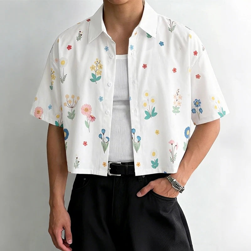 Mens Loose-fitting, Cropped, All-over Print Short-sleeve Shirt