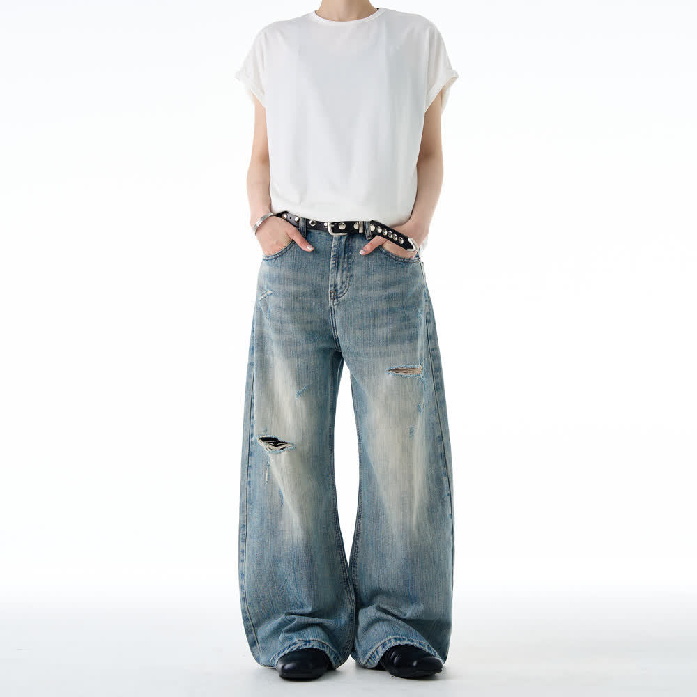 American-style Vintage Distressed Ripped Slub-textured Bootcut Jeans