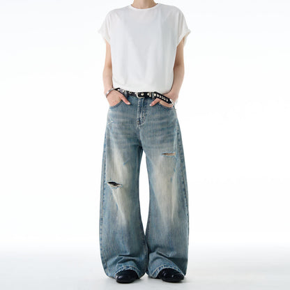 American-style Vintage Distressed Ripped Slub-textured Bootcut Jeans