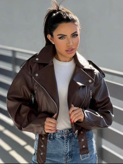 Vintage Lapel Slim-Fit Short PU Leather Jacket Womens Biker Jacket