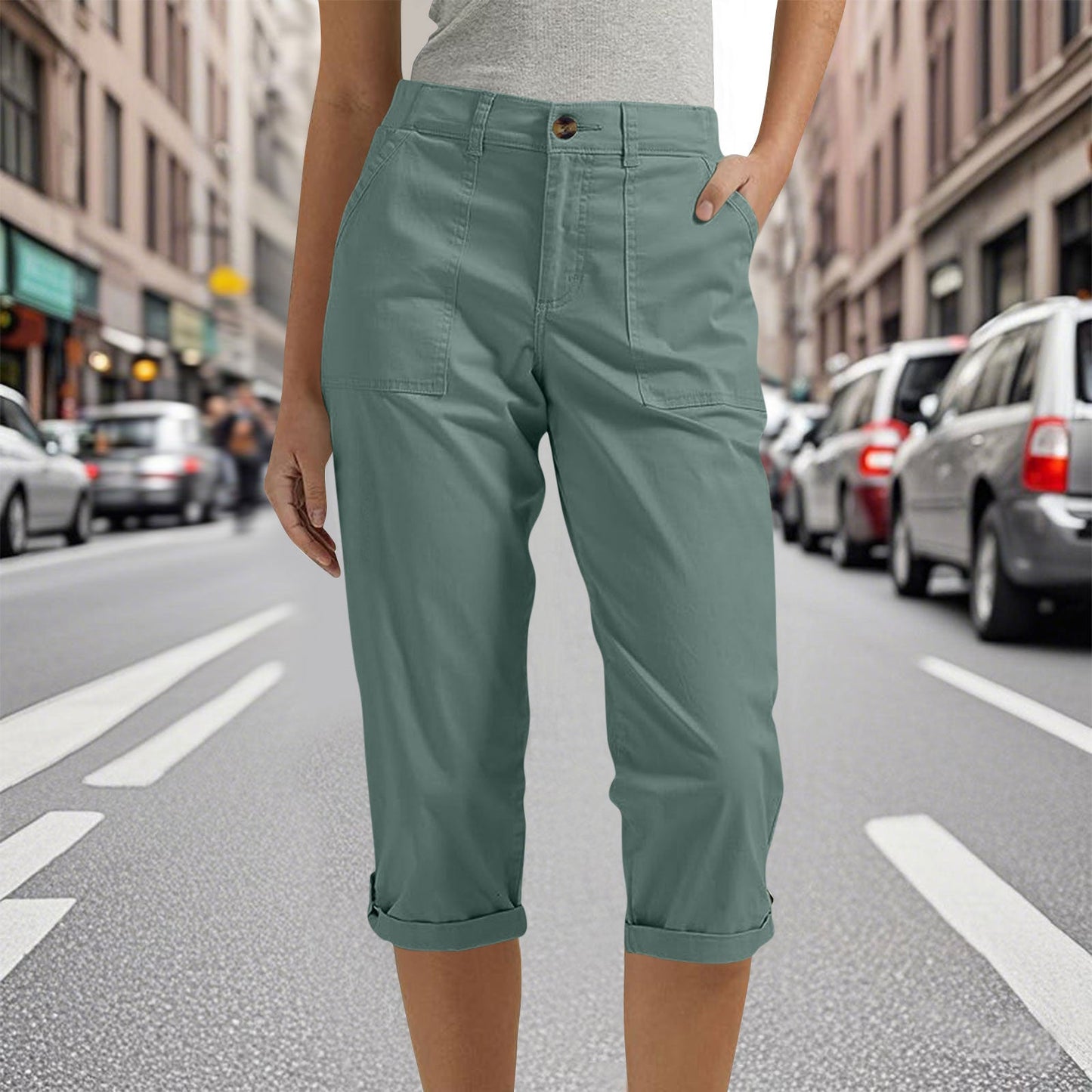 Womens Solid-color Buttoned Roll-up Capri Pants