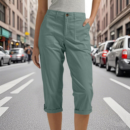 Womens Solid-color Buttoned Roll-up Capri Pants