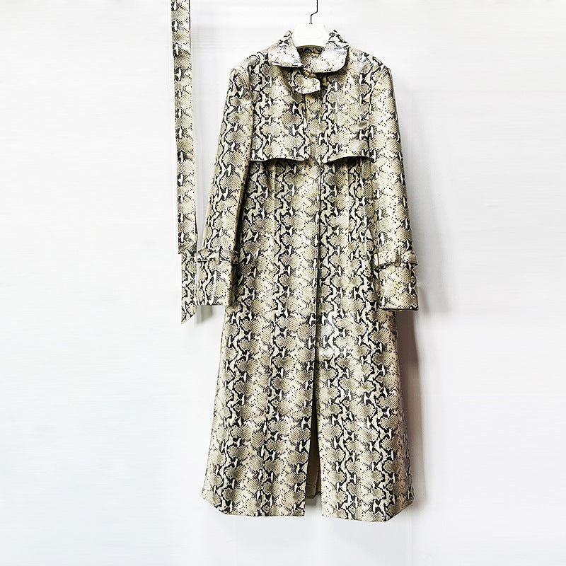 Snake-Print Faux Leather Long Trench Coat