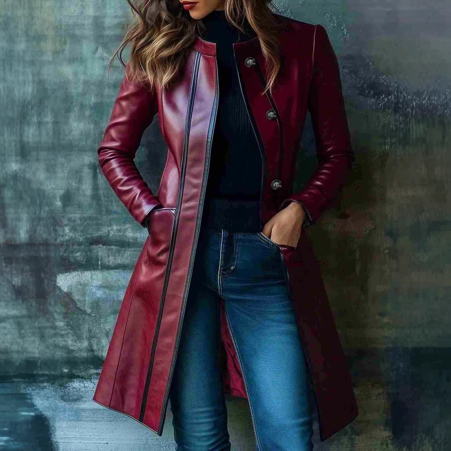 Retro Black Color-block Collar Leather Jacket Trench Coat