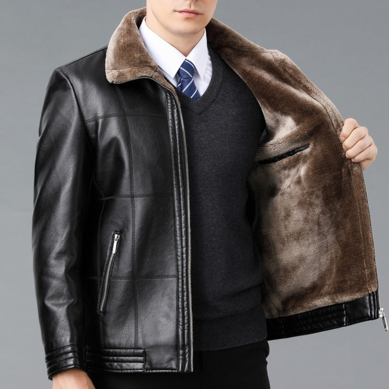 Genuine Leather And Fur One-piece Overcoat With A Lapel Lined With Fleece For Extra Warmth