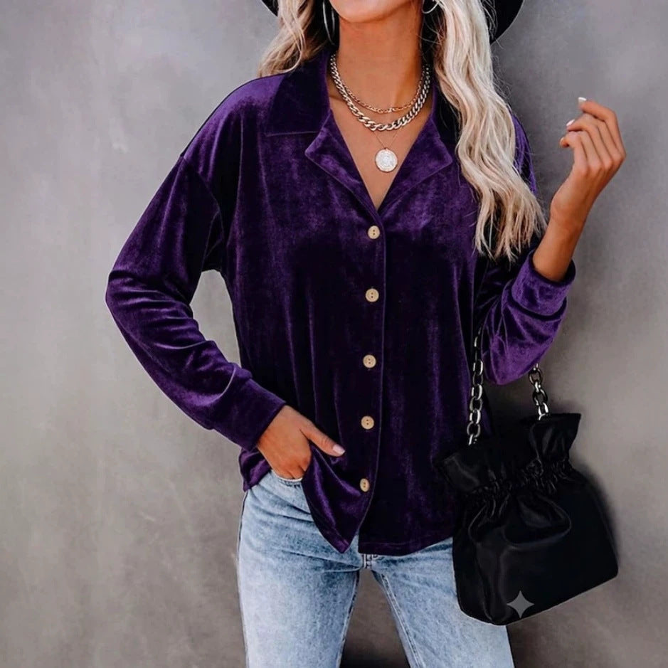 Casual Chic Button-up Velvet Long-sleeve Shirt