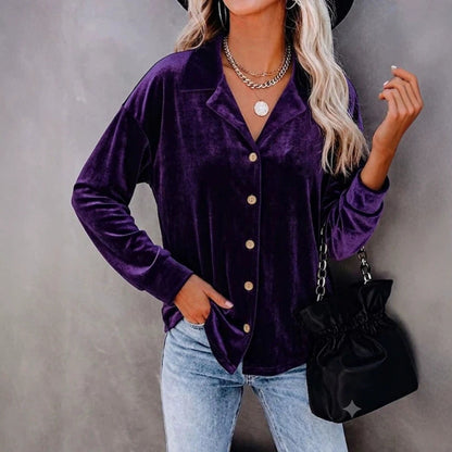 Casual Chic Button-up Velvet Long-sleeve Shirt