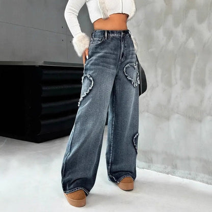 Street-style Washed-and-distressed Loose Straight-leg Pants