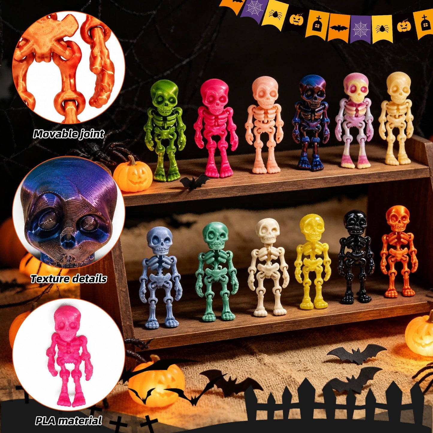 30PCS 3D Printed Mini Skeleton Decorations Articulated Halloween Party Desk Decor