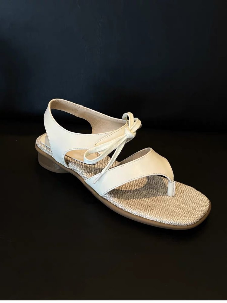 Vintage Elegant Bow Square Toe Thong Block Heel Sandals For Women, Summer Flip Flop Roman Sandals With Velcro Closure