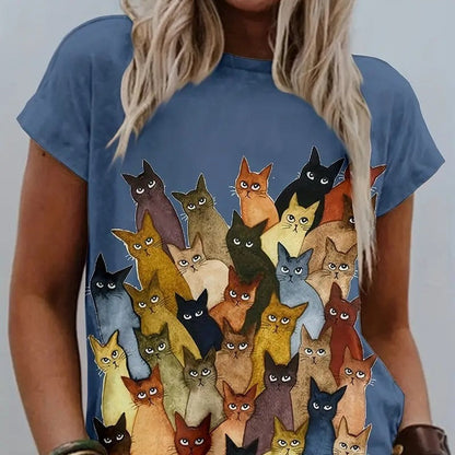 Multicolor Printing Round Neck Short Sleeve T-shirt