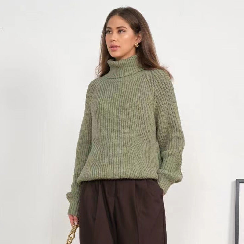 Women's Turtleneck Sweater Knitted Loose New Turtleneck Thickened Autumn And Winter Sweater Turtleneck Solid Color Casual Mid-length Sweater