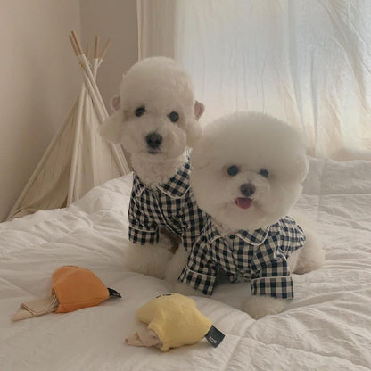 Korea Plaid Khaki Blue Pocket Pajamas For Dogs