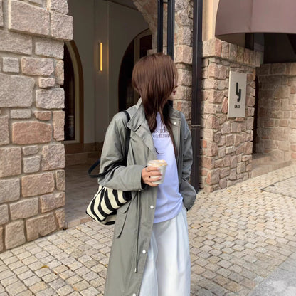 Loose Casual Stylish Long Trench Coat With A Stand Collar And Drawstring