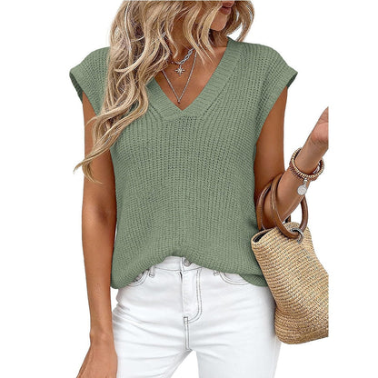 New Cross-Border European And American Women's Fashion Amazon Tk Hot-Selling Women's V-Neck Casual Top Short-Sleeve Chunky Knit Sweater